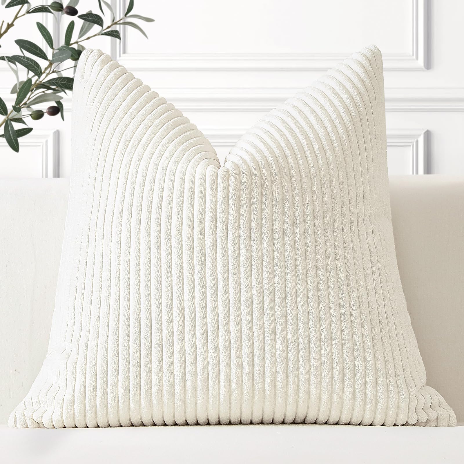 Artscope Cozy Striped Corduroy Cushion Cover 45x45cm Super Soft Decorative Square Throw Pillow Covers Case for Sofa Couch Bedroom Car Decor 18 x 18 Inches, Cream White