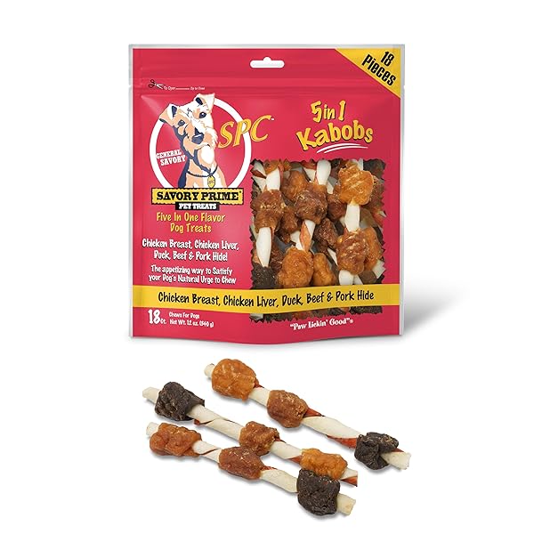 SAVORY PRIME SPC 5-IN-1 KABOBS 12 OZ. CHICKEN, DUCK, AND CHICKEN LIVER WRAPPED RAWHIDE AND PORK HIDE DOG CHEWS