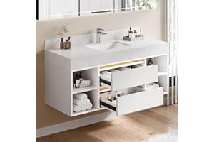 DWVO 48 Inch White Floating Vanity Bathroom with White Sintered Stone, Wall Mounted Vanity with Ceramic Sink Included 2 Drawers and Shelves, Soft-Close Design