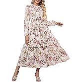 ZAFUL Womens Fall Floral Smocked Maxi Dress Long Puff Sleeve Bohemian Dresses Flowy Tiered Ruffle Wedding Guest Dress