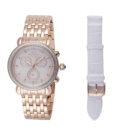 GV2 by Gevril Marsala Womens Diamond Chronograph Swiss Quartz with Additional Leather Strap Gold Tone Stainless Steel Bracelet Watch, (Model: 9808)