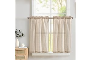 Lazzzy Kitchen Curtains Linen Striped Curtains Tier Curatins Cafe Curtains Bathroom Kitchen Farmhouse Curtains 36 Inch Length Rod Pocket Window Treatment Tiers 2 Panels Set Taupe on Beige