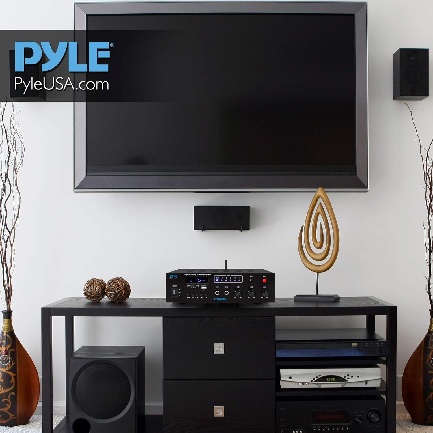 Wireless Bluetooth Karaoke Amplifier Home Car Bus Tours 300 Watts 2 Channel Digital Home Audio PA Receiver System 2 Microphone Input Control, FM Radio, USB,12 Volt Power Option Pyle PFA600BU: Electronics