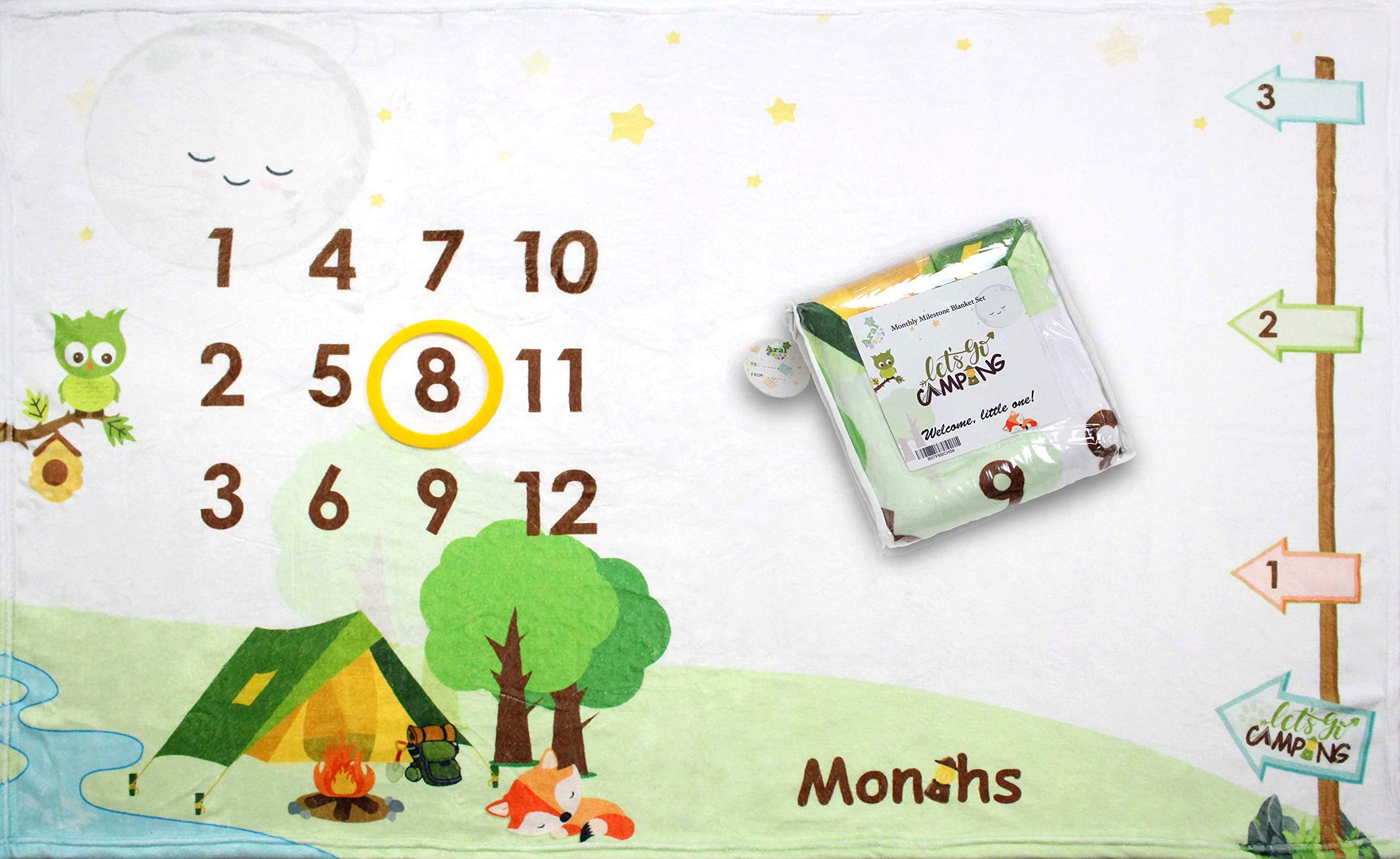 Camping Adventure Baby Monthly Milestone Blanket Large 60"x40", Woodland Boy Girl Mom Shower Gift, Infant Fleece Forest Animals Fox & Owl Photography Backdrop Prop, First Year Picture Memory Calendar