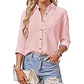 AXUIOKRY Cotton Button Down Shirts Women V Neck Long/Roll Up Sleeve Gauze Texture Casual Tops with Pocket