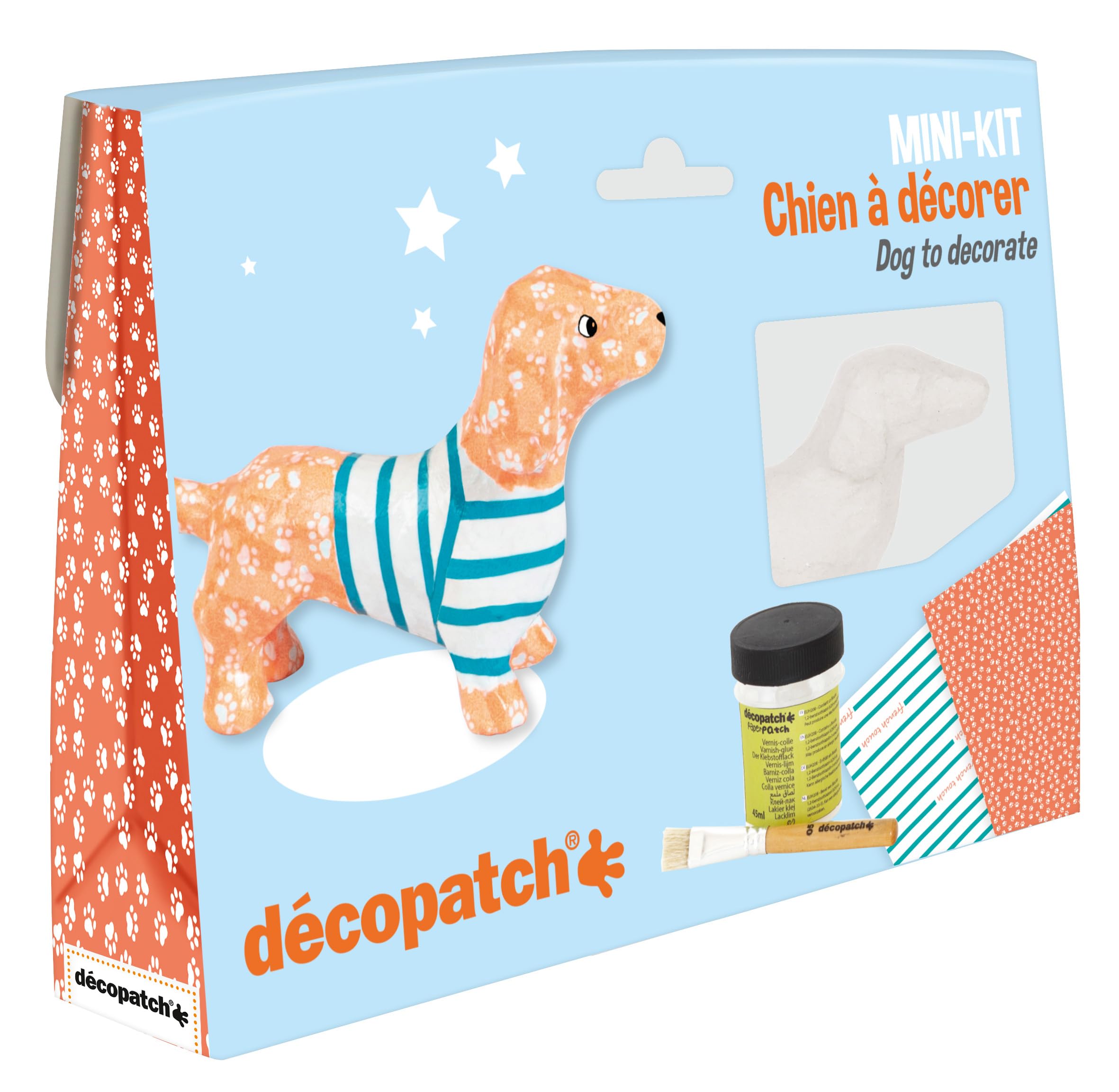 Décopatch - Ref KIT026C - Dachshund Mini Kit - Suitable for Children - Includes White Papier Mache Animal, 2 x Décopatch Sheets, Brush & Pot of PaperPatch Glue