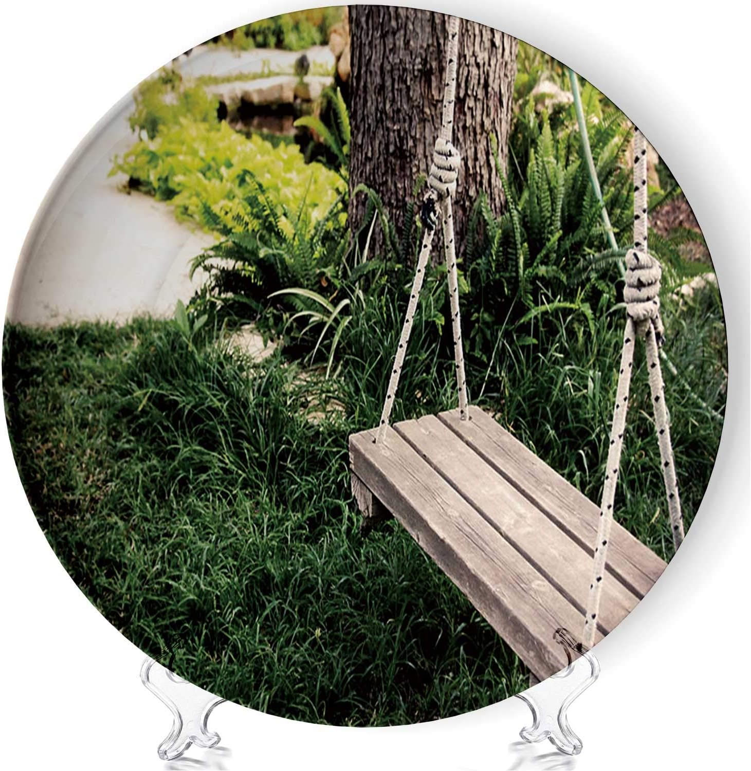C COABALLA Old Wooden Vintage Swing Hanging from a Large Tree Meloble Decorative Ceramic Plates a16428with Stand for Living Room of The Home,7''