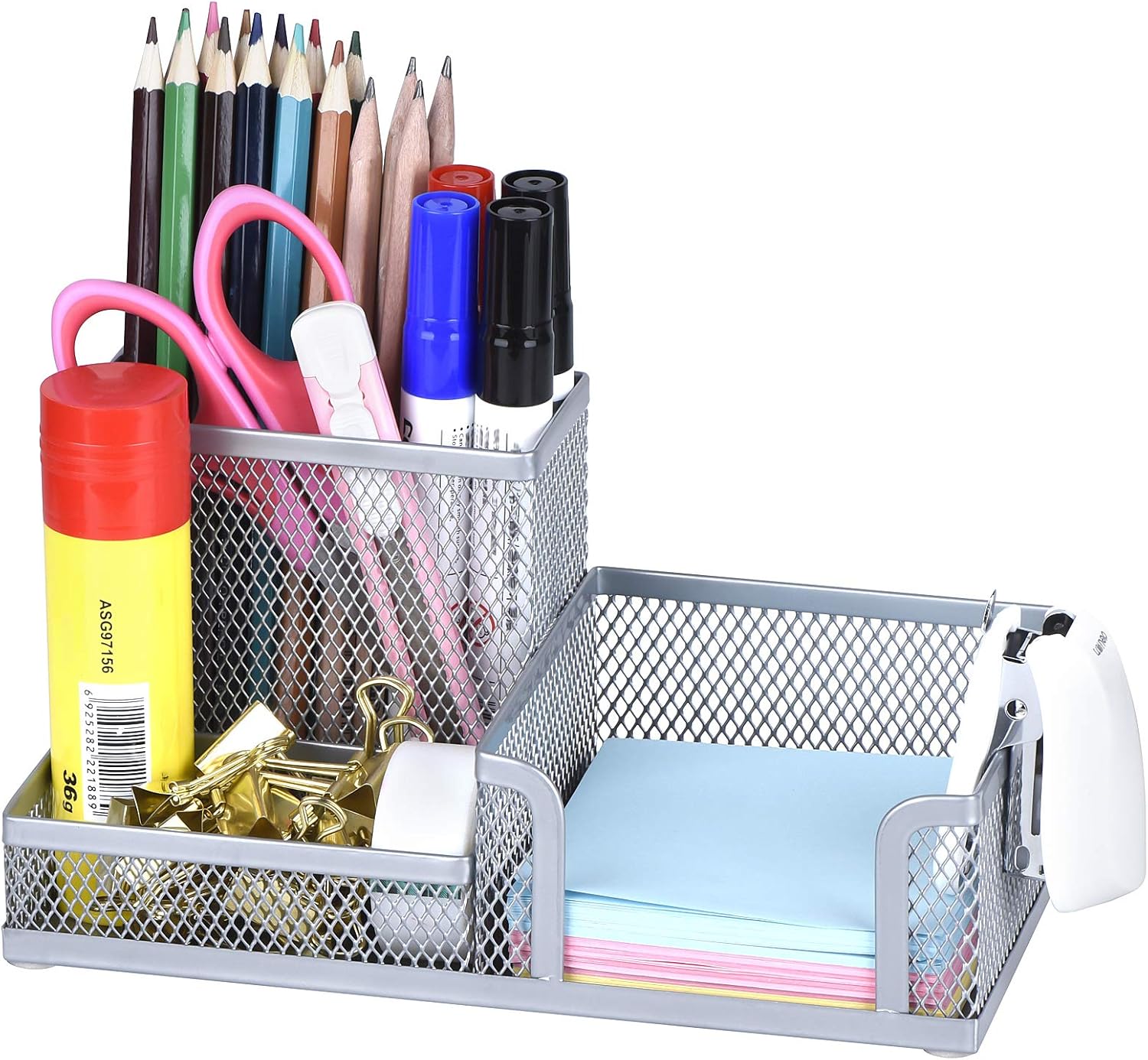 Comix Silver Pen Holder, Mesh Office Supplies Accessories Caddy with Sticky Notes Holder, Desk Organizer for Home, Office and School
