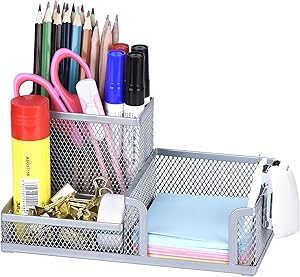 Comix Silver Pen Holder, Mesh Office Supplies Accessories Caddy with Sticky Notes Holder, Desk Organizer for Home, Office and School