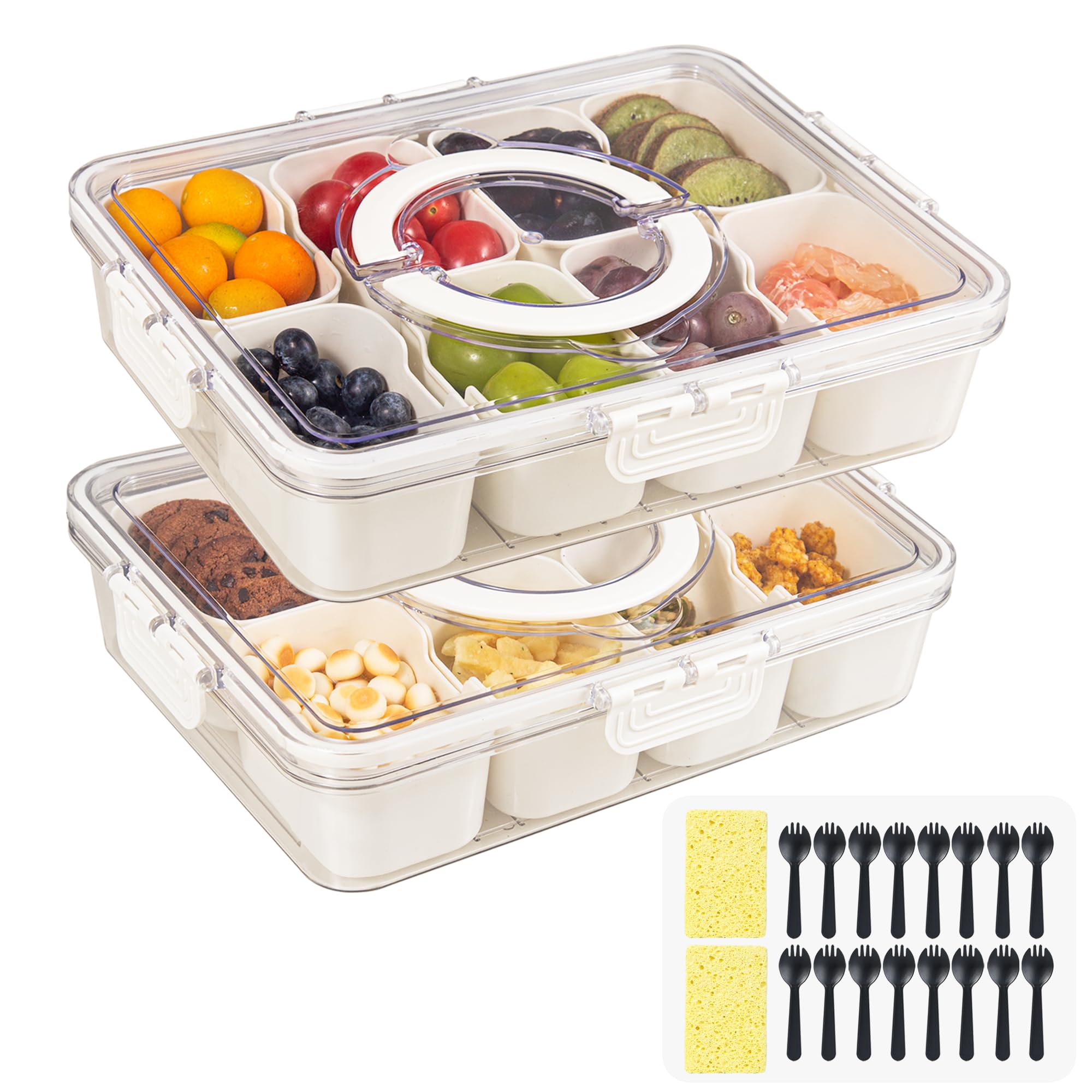 Photo 1 of 2 Pack Snackle Box Container with 8 Compartments, Clear Divided Serving Tray with Lid and Handle, Snack Bentobox for Charcuterie, Candy, Fruits, Nuts, Picnic, Travel, Beige