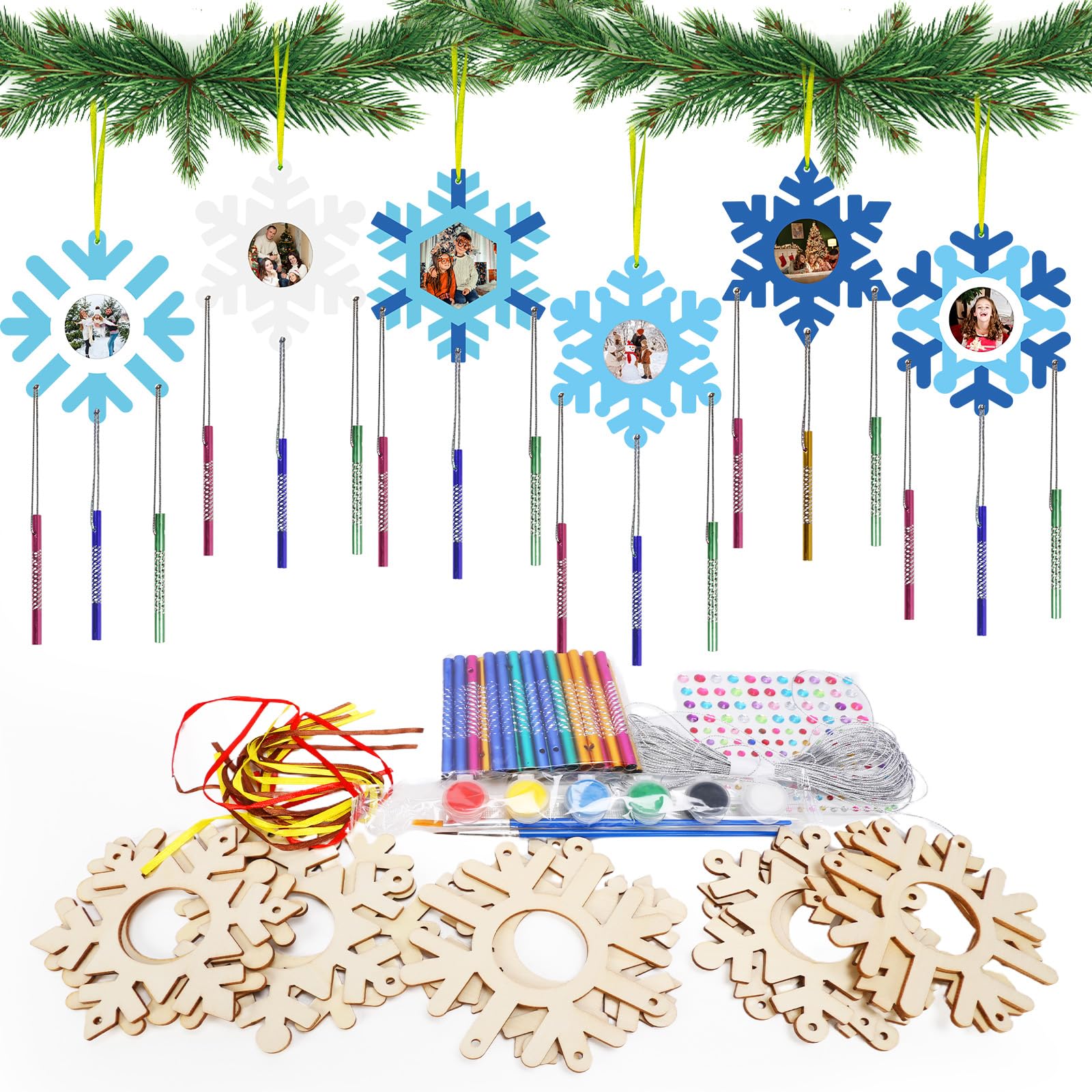 HONMOK Christmas Craft for Kids, 12 Pack Wooden Snowflake Photo Frame Wind Chime Painting Kit, Christmas Arts & Crafts for Boys Girls Christmas Activities Winter Party Game DIY Toys Gifts