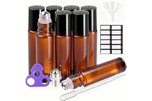 PrettyCare Roll On Bottles For Essential Oils 8 Pack Amber Glass With Black Cap 10 ml，1 Extra Stainless Steel Balls, 12 Label