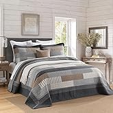 Soforpring 100% Cotton Bedspread Oversized Queen Size - 102"x120" Gray Quilt Set with Farmhouse Plaid Pattern, Soft Reversible Rustic Lightweight Comforter Bedding Set 3pcs, Gray/Begie/Brown