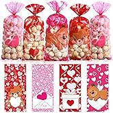 Pasimy 100 Pcs Valentines Treat Bags Bulk Valentine's Day Cellophane Gift Bags Pink Red Heart Clear Sweet Bear Plastic Goodie Candy Pouches with Twist Ties for Wedding Party Favors Supplies