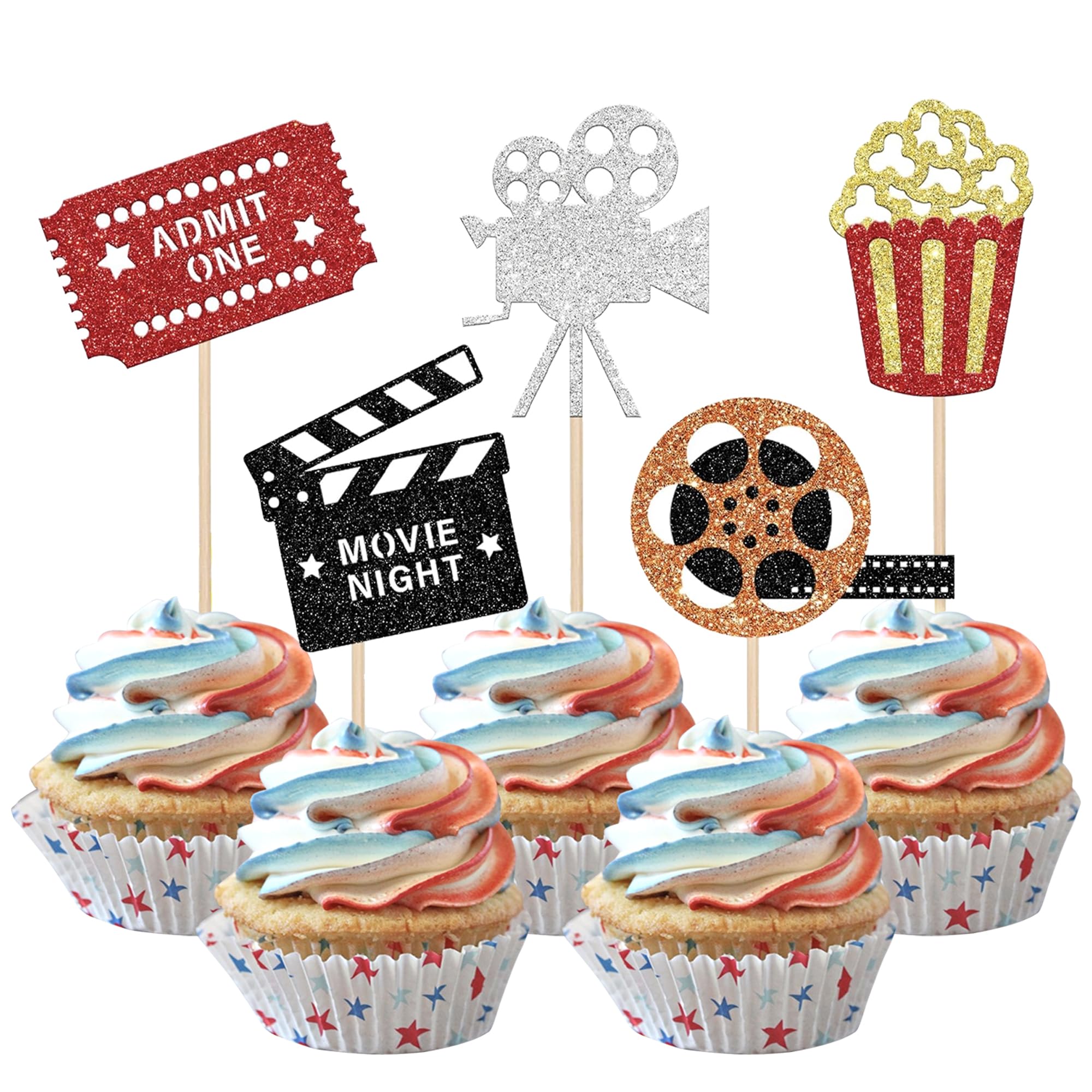 SYKYCTCY 30 Pack Movie Theater Cupcake Toppers Glitter Night Roll Camera Popcorn Cupcake Picks Hollywood Theme Baby Shower Kids Birthday Party Cake Decorations Supplies — image 1