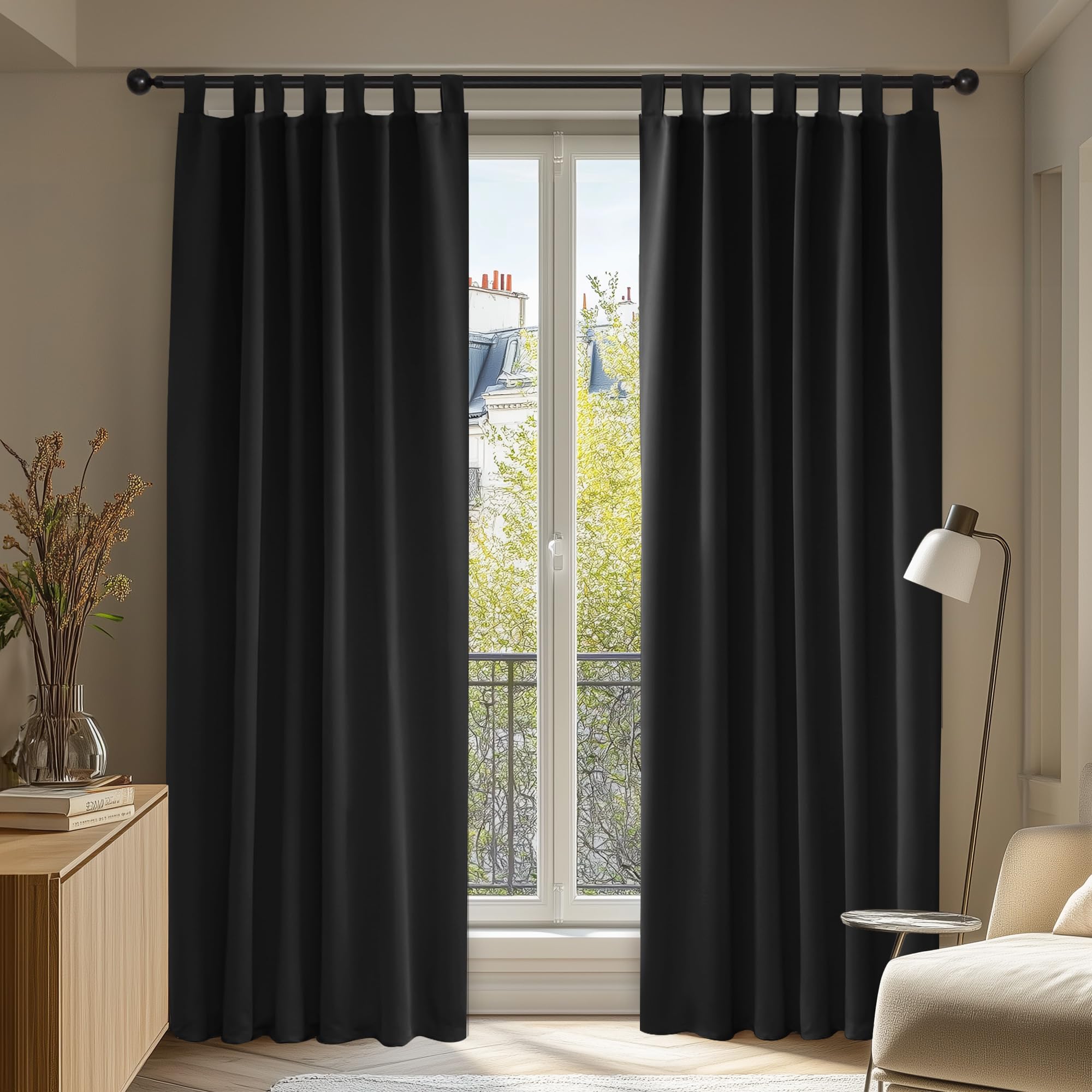Deconovo Solid Tab Top Thermal Insulated Curtains 55 x 114 Inch Black 2 Panels