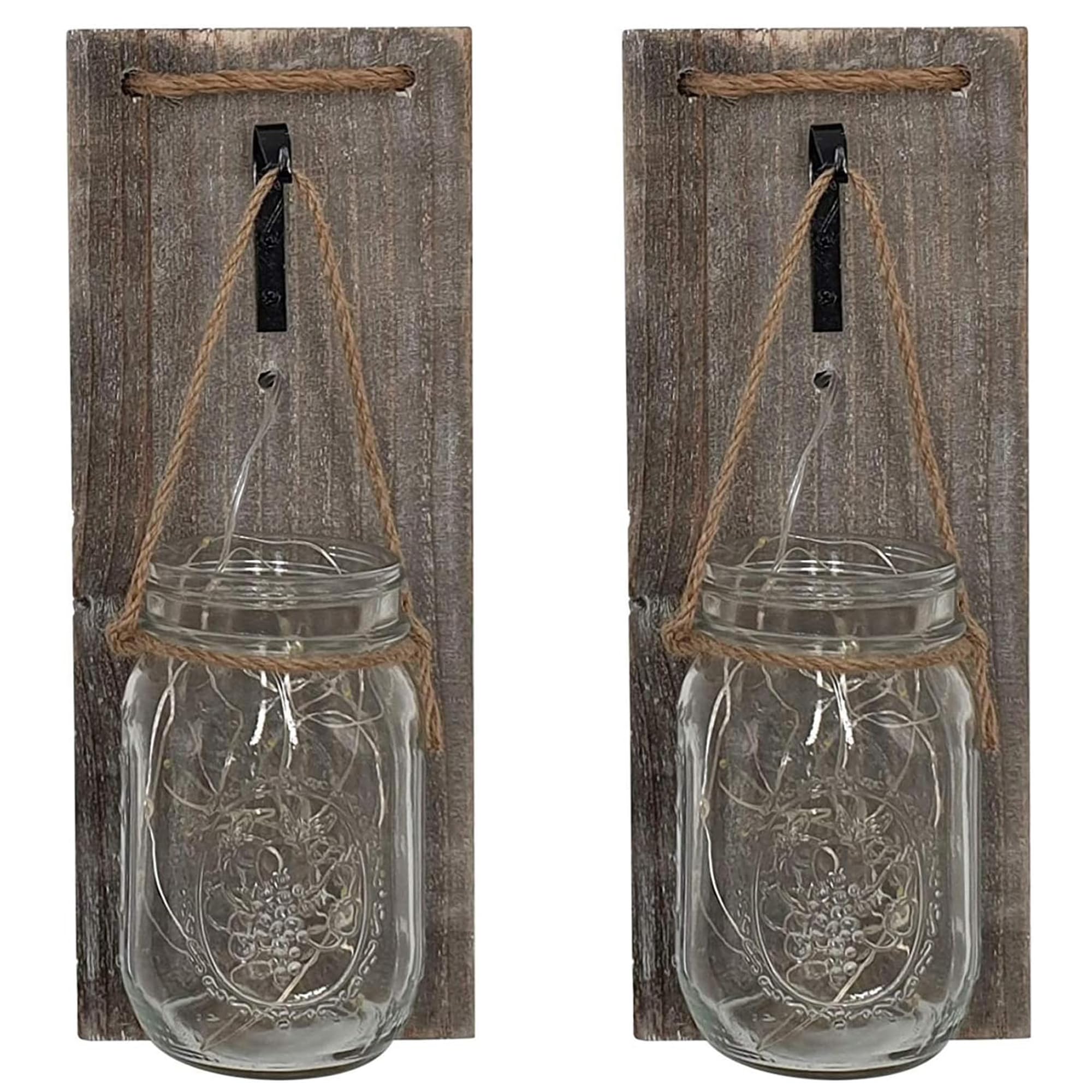 ISOTRONIC LED Decorative Glass Wall Light Set of 2 - Mason Jar Wall Decoration with Fairy Lights & Wooden Board - Rustic Wall Decoration in Country House Style - Battery Operated Pendant Light - DIY