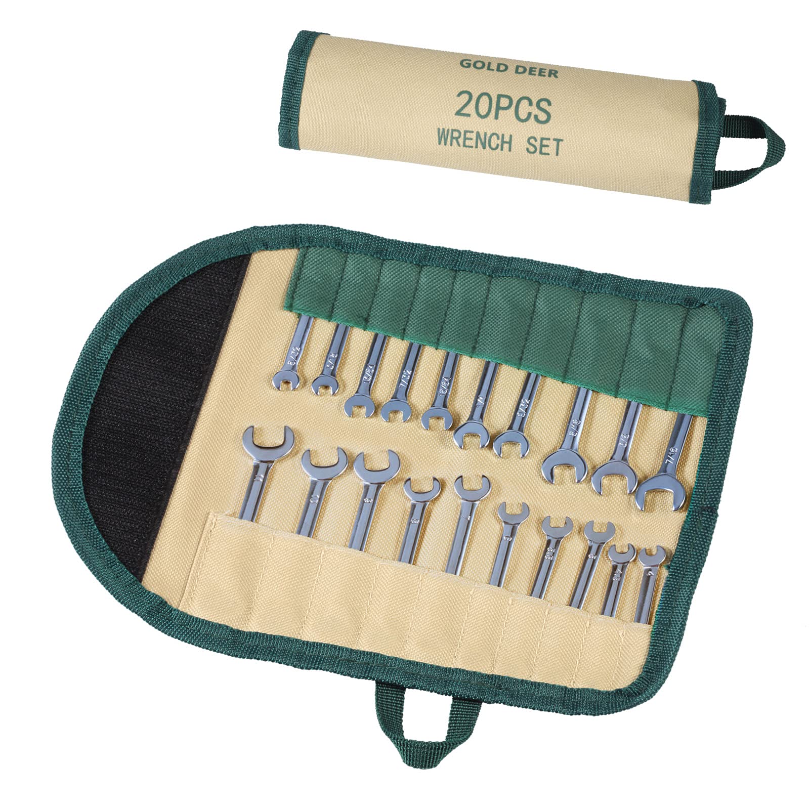 GOLD DEER Mini Wrench Set - Standard Metric & SAE 5/32"-7/16", 4-11mm, Extra Slim Spanner, Open End & Box End Ignition Wrenches, Combination Wrench Set, Storage Roll Pouch