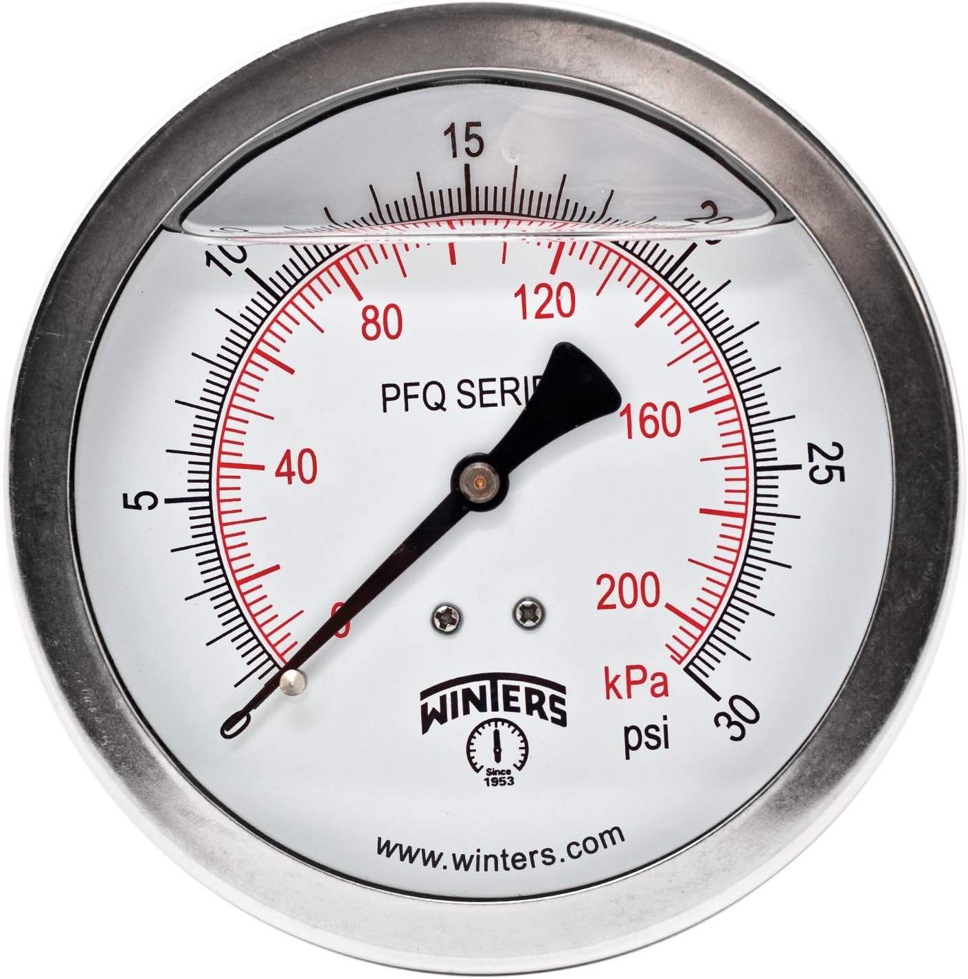 Winters PFQ Series Stainless Steel 304 Dual Scale Liquid Filled Pressure Gauge with Brass Internals, 0-30 psi/kpa,4" Dial Display, +/- 1.5% Accuracy, 1/4" NPT Back Mount