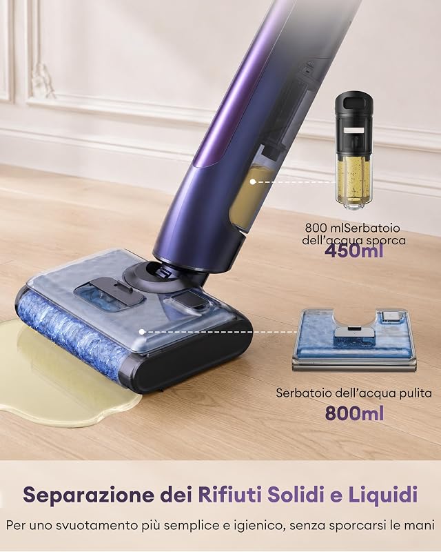 Aspirapolvere Lavapavimenti, Design Piatto a 180°, 0 mm Pulizia Bordi, Lavapavimenti Senza Fili 3-in-1, Autonomia 55 min, Auto-Pulizia, Anti-Groviglio, Assistente Vocale 5 Lingue