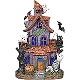 Valery Madelyn Halloween Decorations, Lighted Halloween Village Houses with LED Lights, Resin Spooky Town Happy Haunted House for Home and Party Table Desk Mantel, 9 Inch