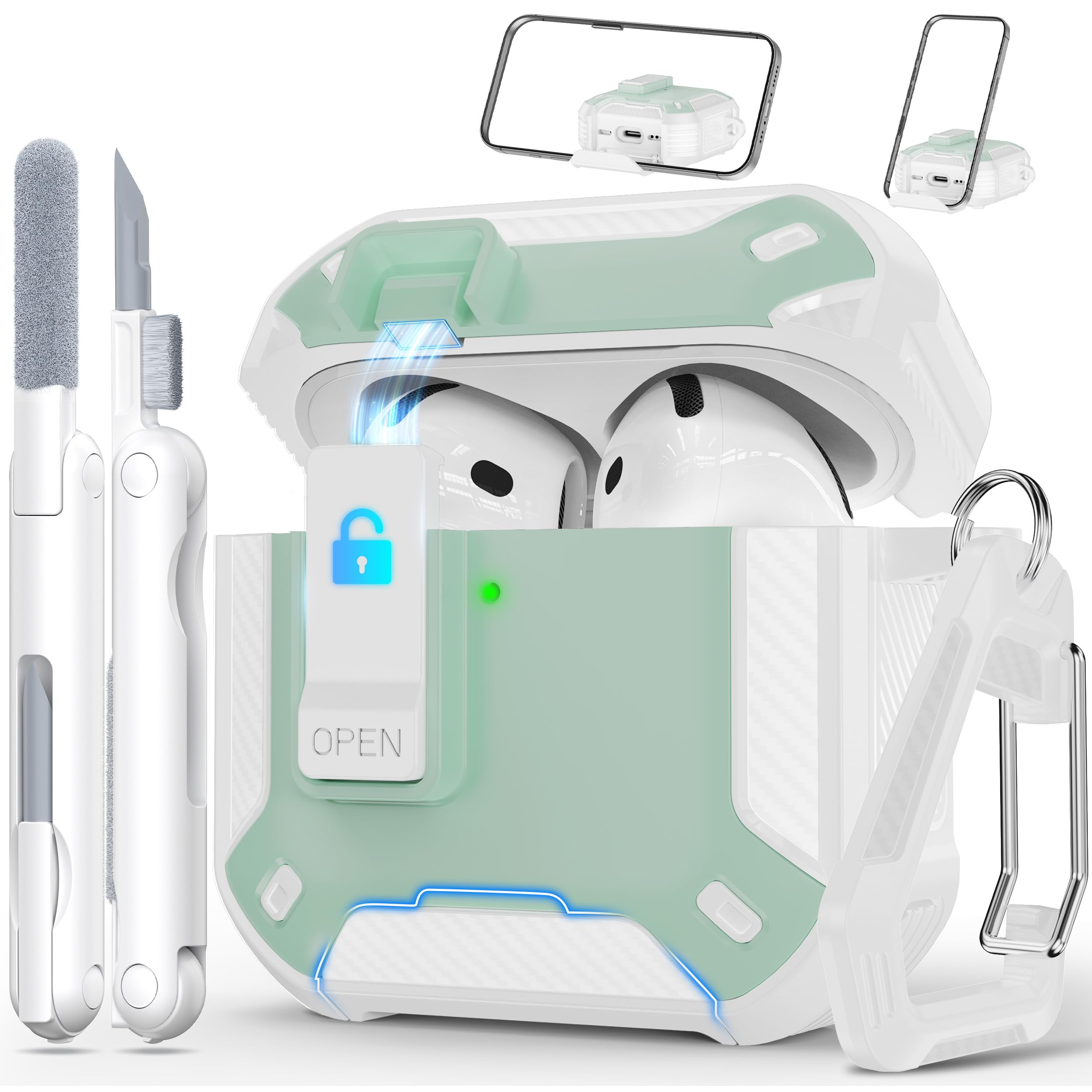 Photo 1 of RFUNGUANGO Compatible AirPods 4th Generation Protective Case with Phone Holder and Compatible Back Magnetic Suction Function, Suitable for AirPods 4th Case-White + Mint Green