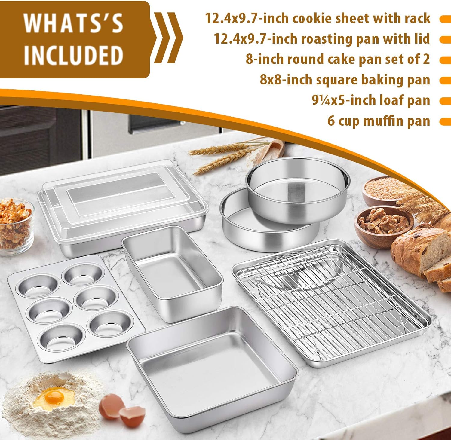9-Piece Stainless Steel Bakeware Sets, E-far Metal Baking Pan Set Include Round/Square Cake Pans, Rectangle Baking Pan with Lid, Loaf Pan, Muffin Pan, Cookie Sheet with Rack, Dishwasher Safe: Kitchen & Dining