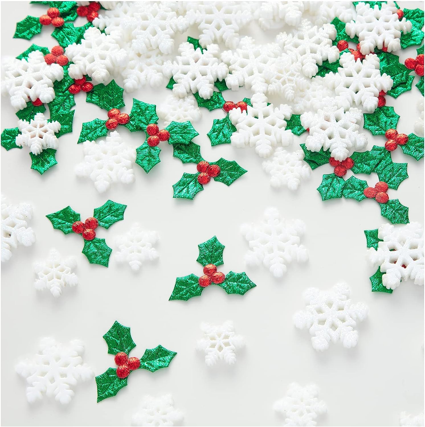160PCS Small/Mini/Miniature Christmas Decorations for DIY Crafts, Resin Charms Snowflakes with Holly Leaves Berries, Christmas Floating Vase Filler, Xmas Ornaments Decor for Wreath Tree Present Tag