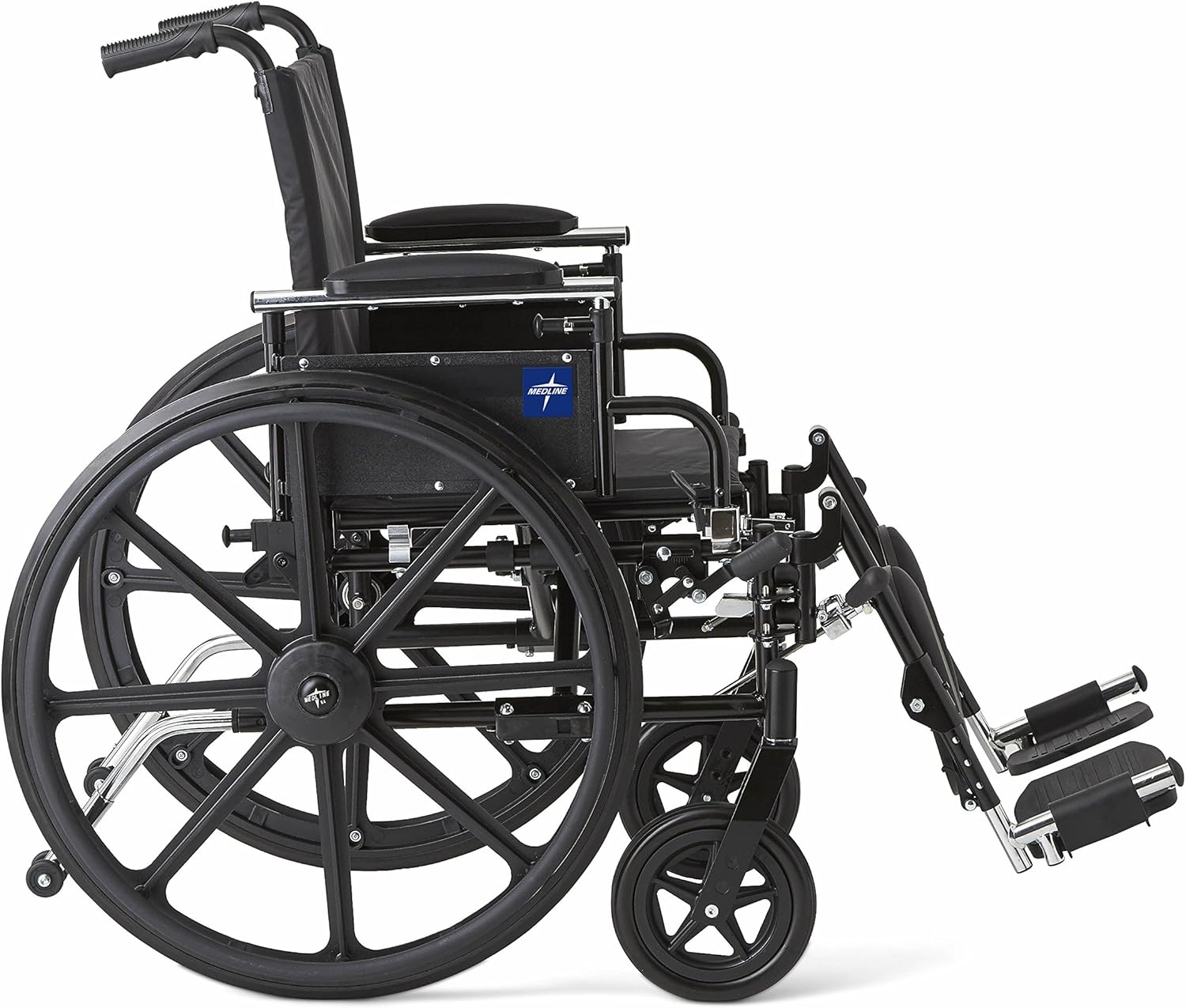 Medline Robust and Rugged Wheelchair with Flip-Back Desk Arms, Removable Elevating Leg Rests and Anti-Tippers, Black, 18" Seat: Health & Personal Care
