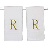 Decorvo Monogrammed Hand Towels for Bathroom - Luxury Hotel Quality Personalized Initial Decorative Embroidered Bath Towel for Powder Room, Spa - GOTS Organic Certified - Set of 2 Gold Letter R
