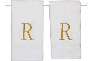 Decorvo Monogrammed Hand Towels for Bathroom - Luxury Hotel Quality Personalized Initial Decorative Embroidered Bath Towel for Powder Room, Spa - GOTS Organic Certified - Set of 2 Gold Letter R