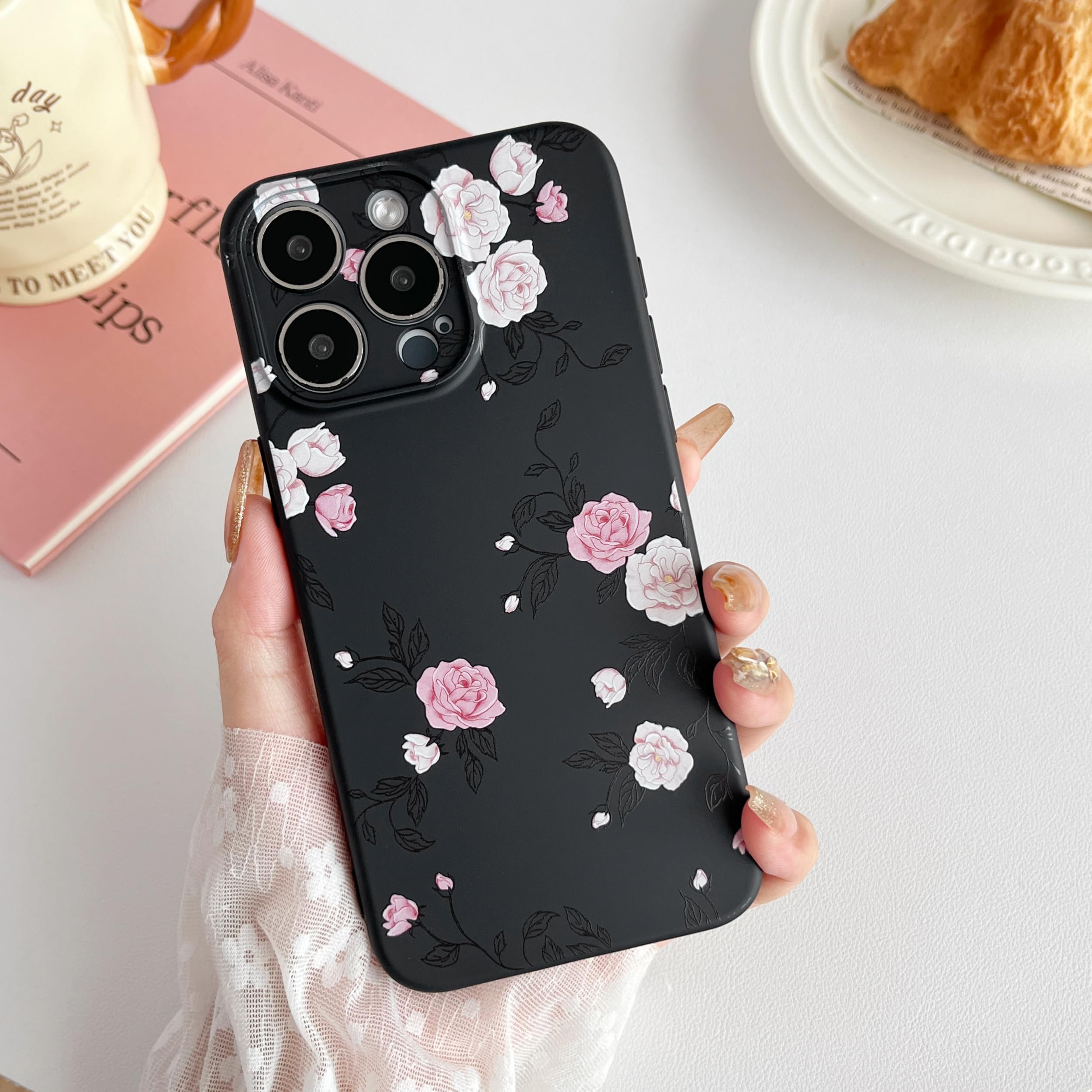 XIZYO Rose Flower Case for iPhone 15 Pro Max, Cute Pink Rose Floral Pattern Liquid Silicone Aesthetic Phone Case, for Girls Women Luxury Soft Ultra Slim Shockproof Protective Cover, Black