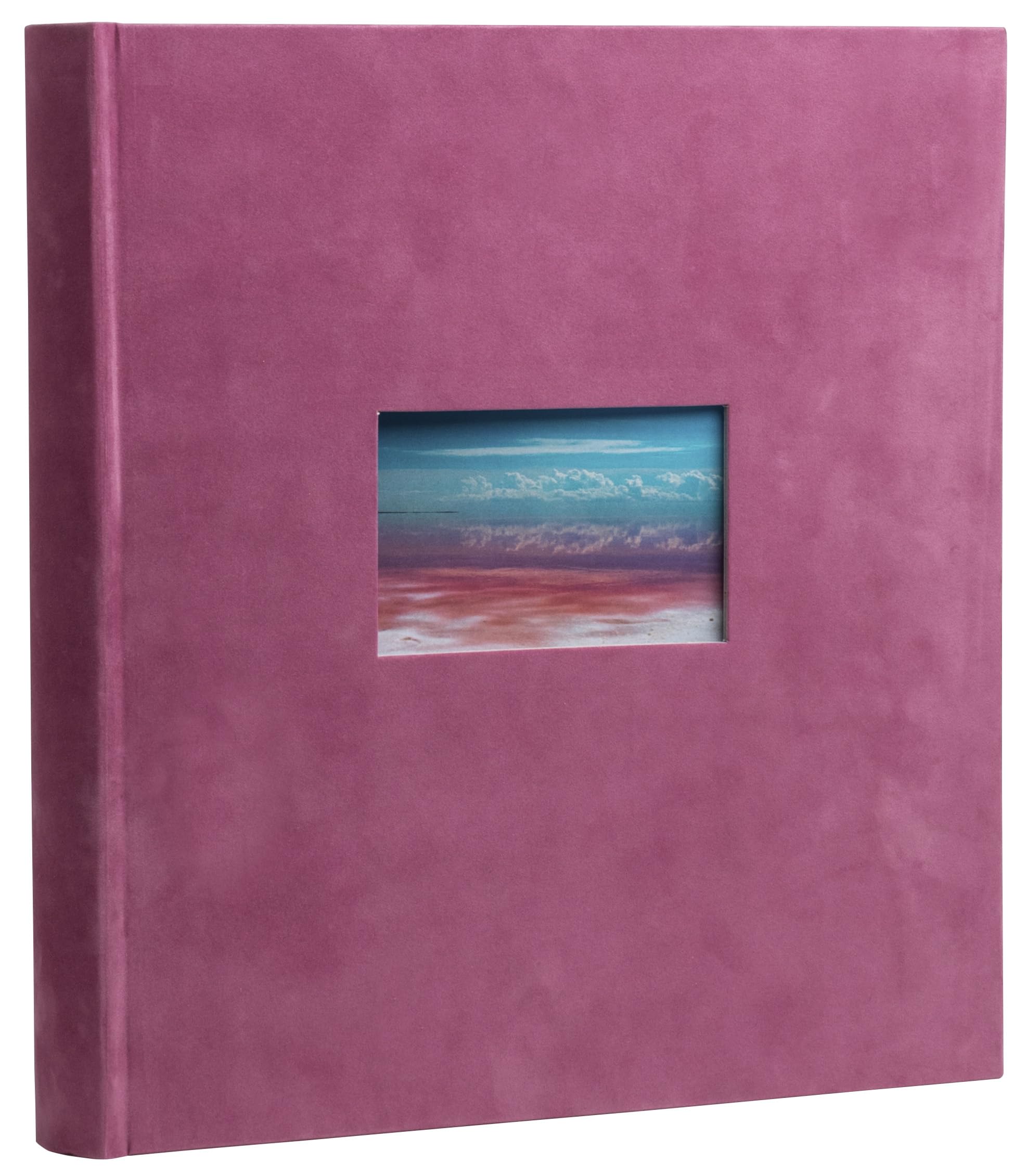 Exacompta - Ref. 16179E – Skandi Book Photo Album – 300 Photos – 60 White Pages – Size 29 x 32 cm – Antique Pink Velvet Look Cover – Customisation Window with Holiday Landscape Visual