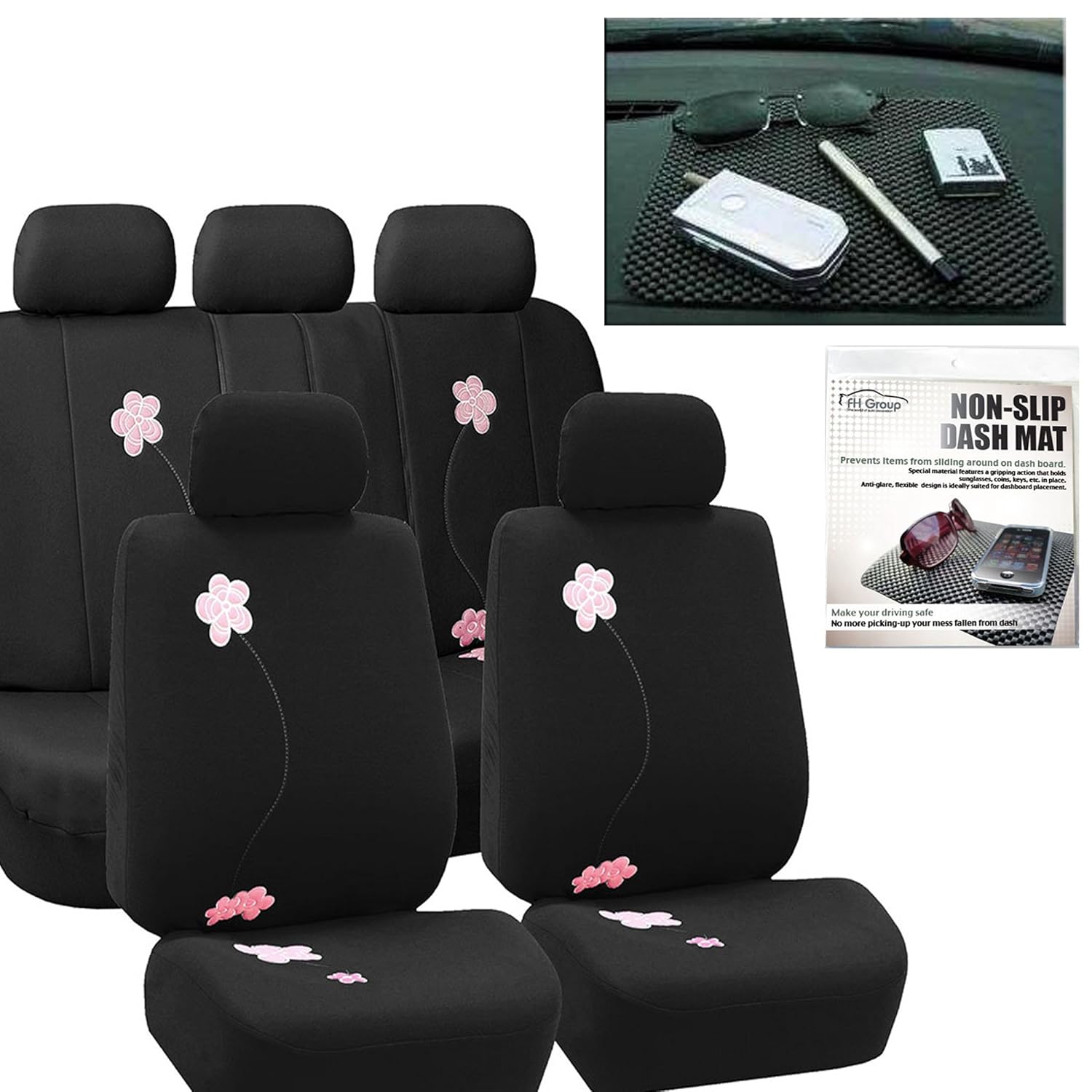 FH GROUP FH-FB053115 Floral Embroidery Design Full Set Car Seat Covers Black Color, Airbag compatible and Split Bench with FH GROUP FH1002 Non-slip Dash Grip Pad- Fit Most Car, Truck, Suv, or Van
