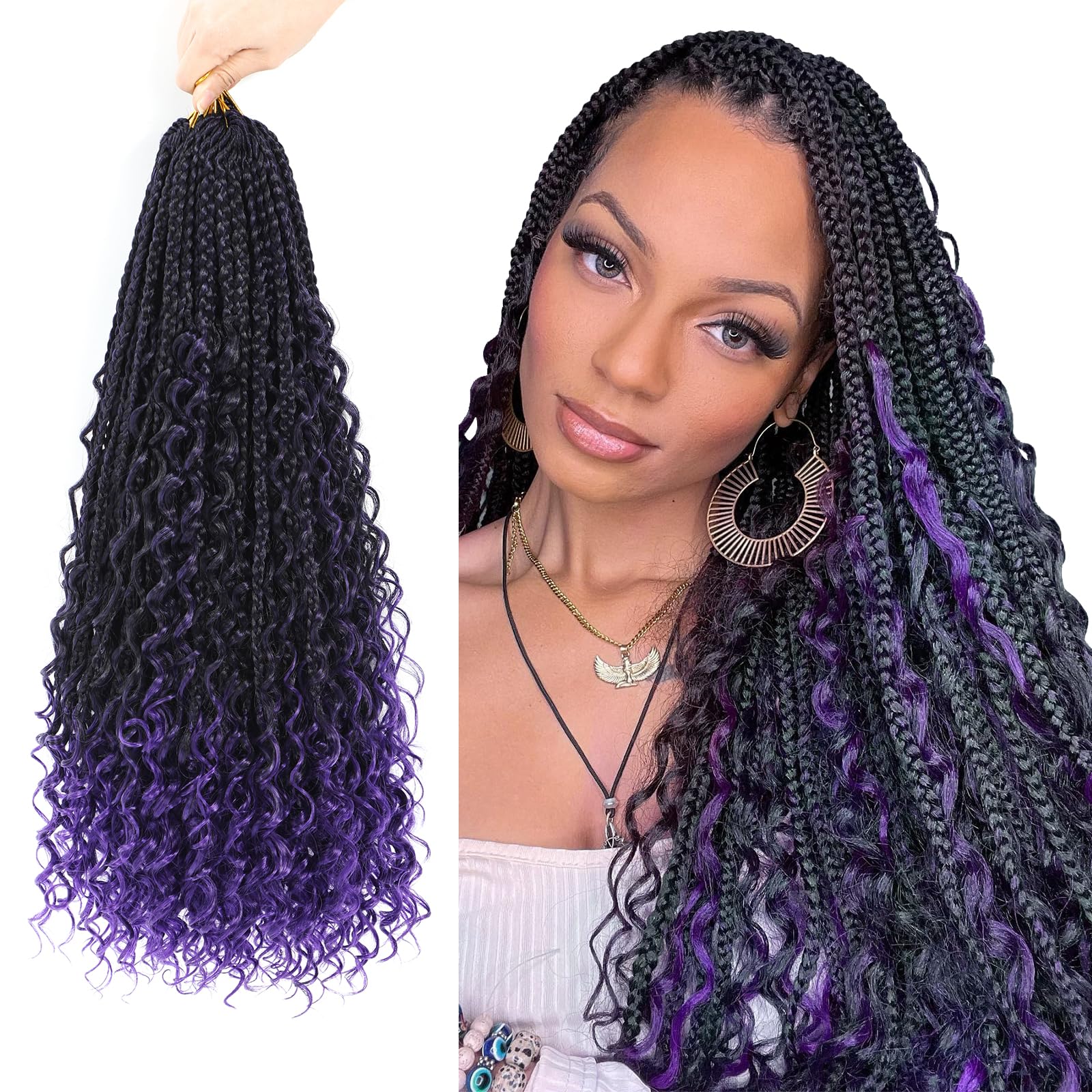 Crochet Braids Hair Extensions for Black Women 8 Packs 24 Inch Pre-Looped Crochet Hair Extensions Boho Braid with Curly Ends Goddess Braids Extensions Hair(1B/Purple#) — image 1