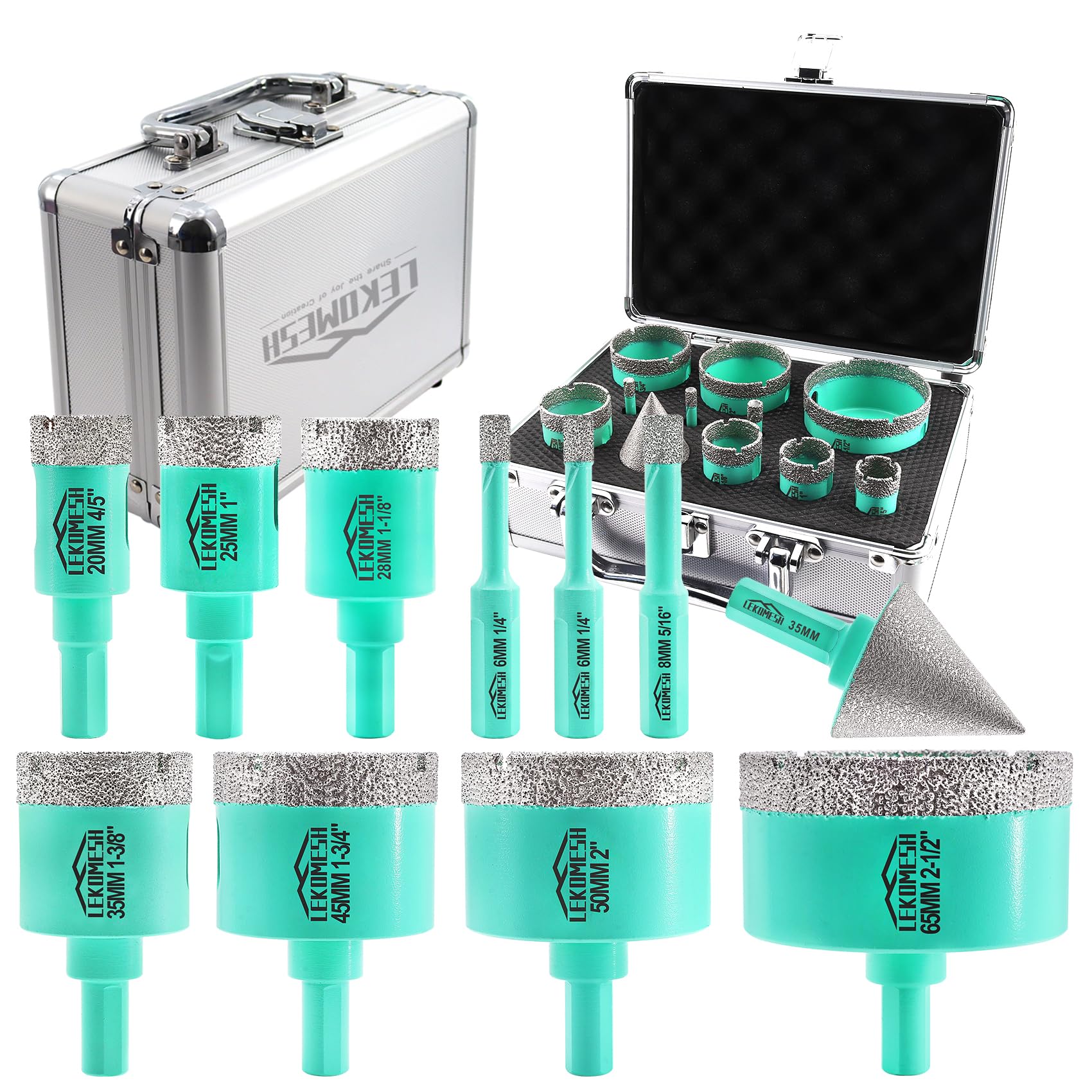Diamond Core Drill Bits Kit - 11pcs (6/6/8/20/25/28/35/45/50/65mm+35mm Beveling Chamfer Bit) LEKOMESH Tile Hole Saw Kit with Triangle Shank for Porcelain Tile Ceramic Granite Marble Masonry Stone — image 1