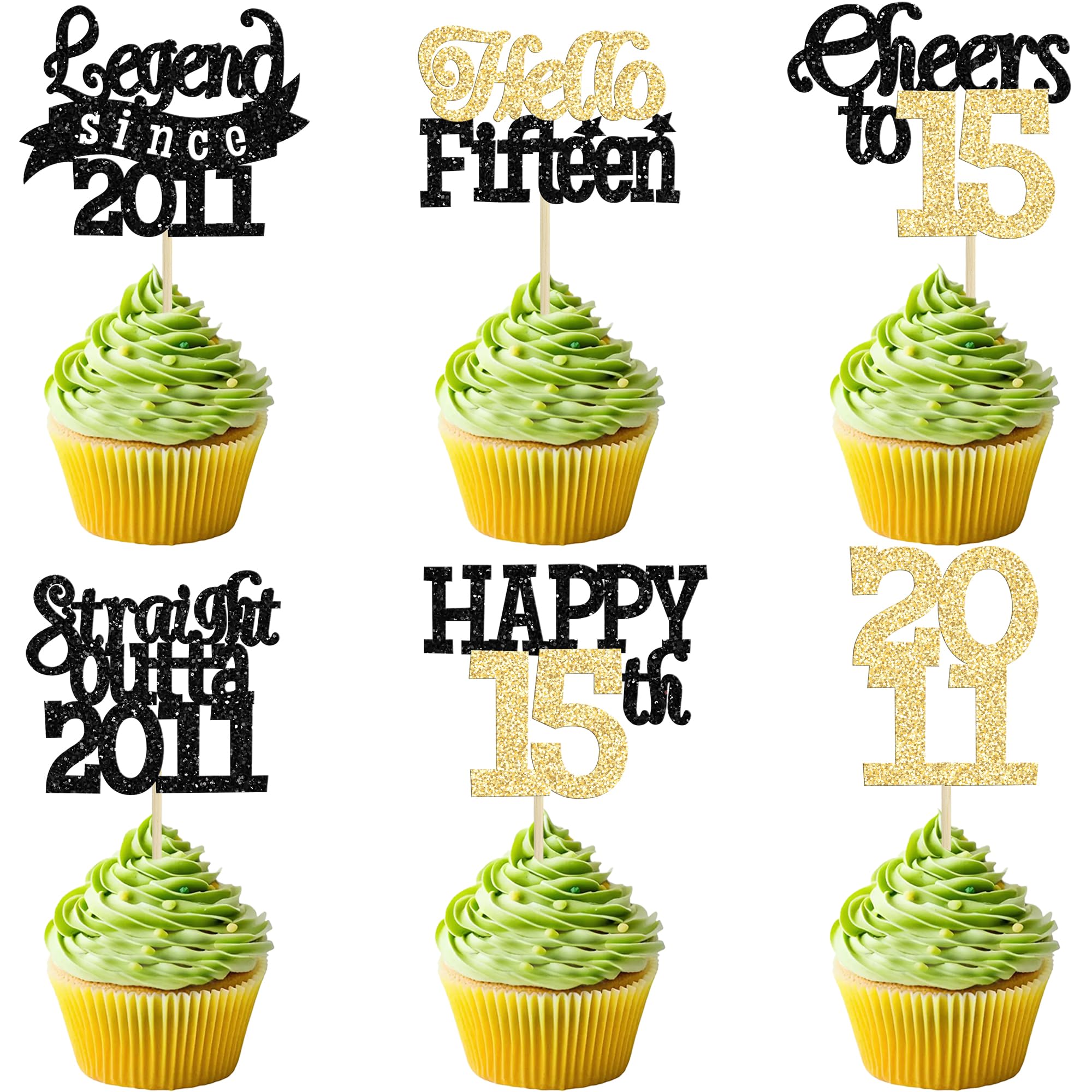 Gyufise 24Pcs Happy 15th Birthday Cupcake Toppers Hello Fifteen Legend Since 2011 Cupcake Picks Cheers to 15 Years Cake Decorations for 15th Birthday Anniversary Party Decorations Supplies Black Gold