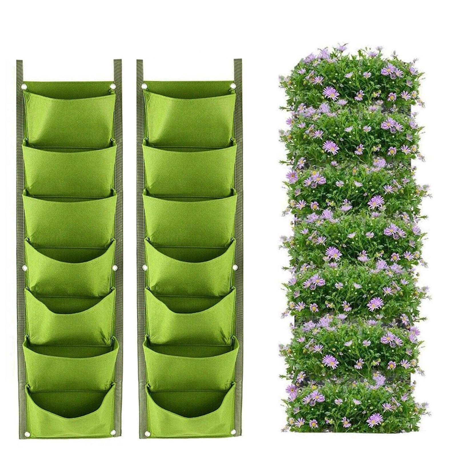 LITLANDSTAR Hanging Planter Bags, 2 Pack 7 Pocket Hanging Vertical Wall Planter Planting Grow Bags Outdoor Indoor Gardening Vertical Greening Flower Container (Green)
