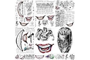 JEEFONNA 22 Sheets Halloween Temporary Tattoos, Perfect Joker Tattoos Halloween Face Tattoos for Costumes, Halloween Party Accessories and Cosplay (Men's)