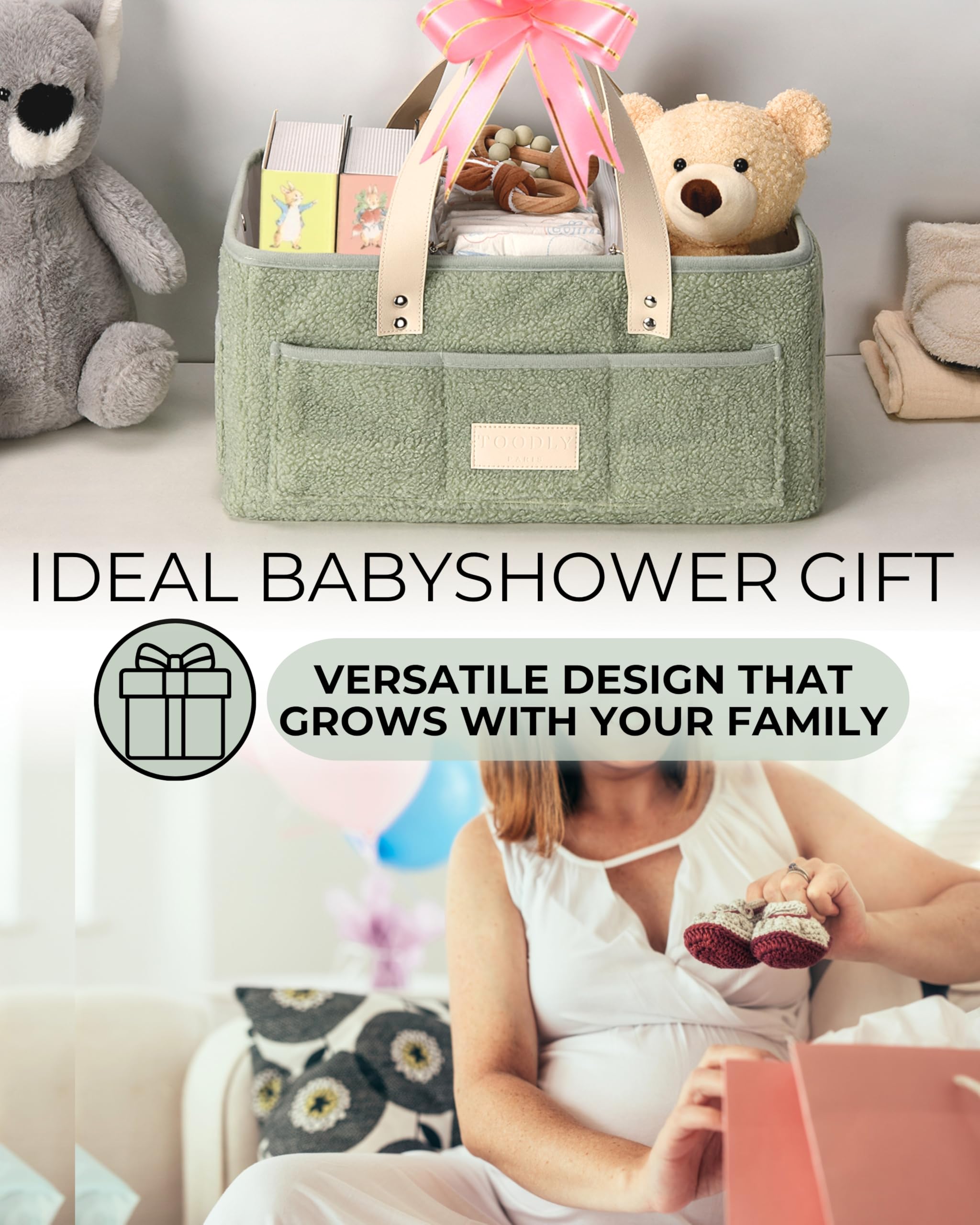 Baby Diaper Caddy Organizer with Portable Changing Mat - Teddy Fleece Diaper Organizer for Changing Table - Basket for Changing Essentials - Baby Essentials Organizer with Removable Dividers