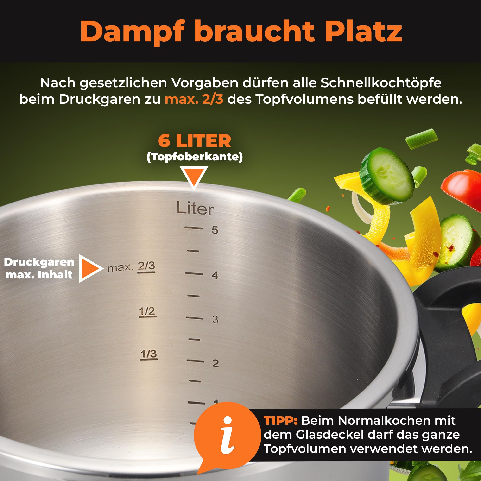 QUIXO Schnellkochtopf 6L VitaSmart mit Kochzeitsignal für alle Herdarten [NEU mit Füllmengenmarkierung] Dampfkochtopf mit 2 Garstufen (6L + Garkorb) 5