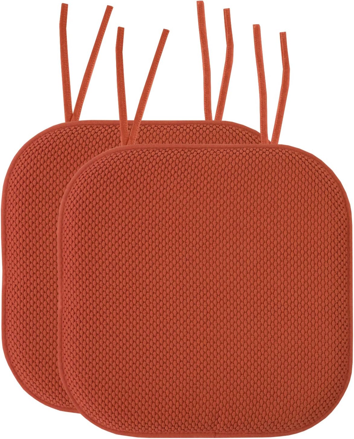 Sweet Home Collection Chair Cushion Memory Foam Pads with Ties Honeycomb Pattern Slip Non Skid Rubber Back Rounded Square 16" x 16" Seat Cover, 2 Pack, Rust