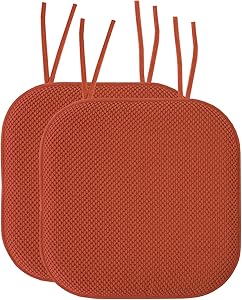 Sweet Home Collection Chair Cushion Memory Foam Pads with Ties Honeycomb Pattern Slip Non Skid Rubber Back Rounded Square 16" x 16" Seat Cover, 2 Pack, Rust