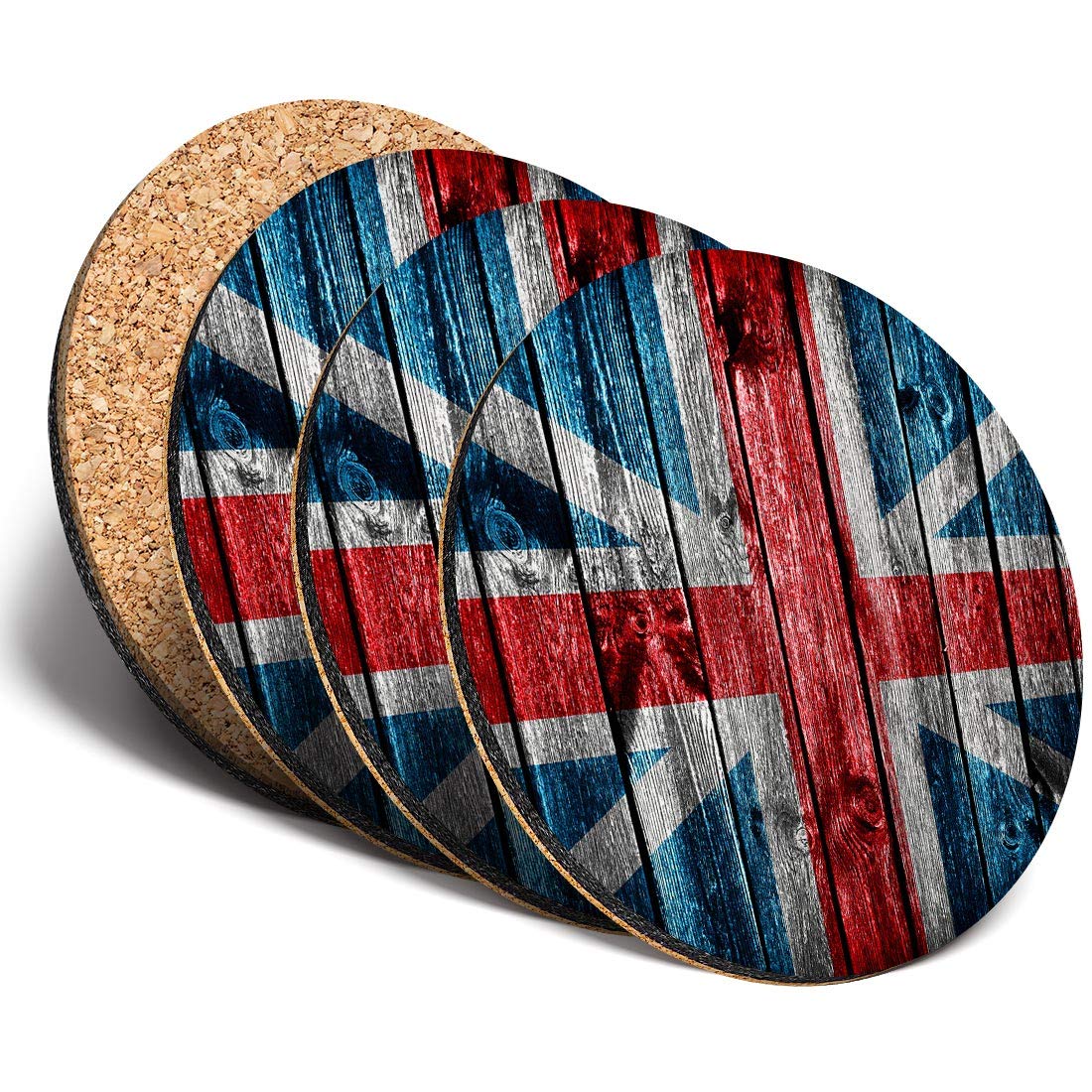 Destination Vinyl Ltd Great Coasters (Set of 4) Round - Wooden Effect Union Jack UK Flag Drink Glossy Coasters/Tabletop Protection for Any Table Type #8312
