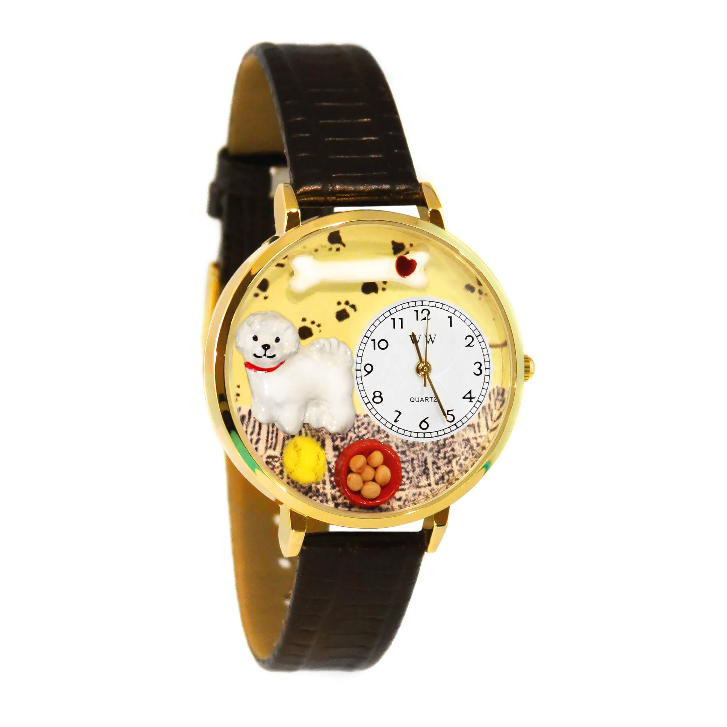 Whimsical Watches Bichon Black Skin Leather and Goldtone Unisex Quartz Watch with White Dial Analogue Display and Multicolour Leather Strap G-0130010