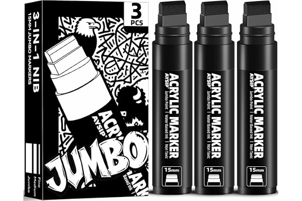 AYSIP 3 Jumbo Permanent Markers Black, 15mm Large Wide Tip, Thick Acrylic Paint Markers for Painting, Rock, Window, Glass, Wood, Fabric