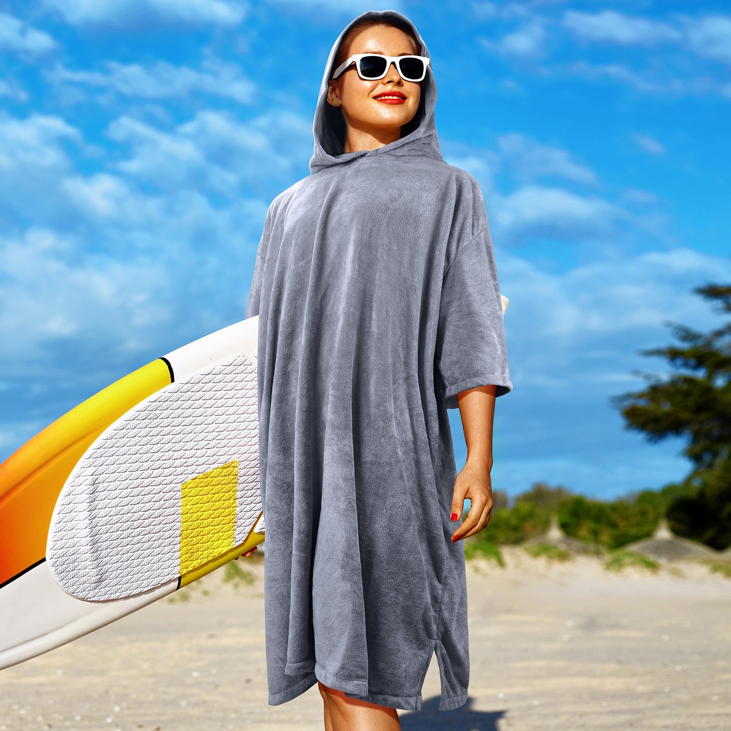 Tirrinia Unisex Surf Beach Wetsuit Changing Towel Robe with Hood for Surfer Swimmer Outdoor Grey