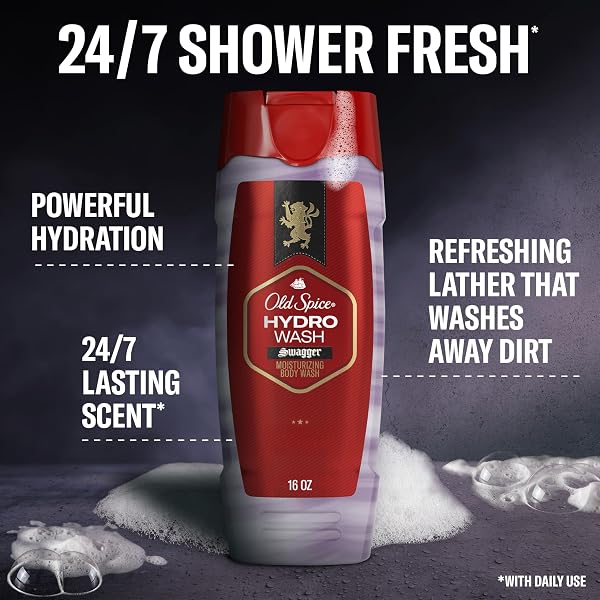 OLD SPICE MOISTURIZING BODY WASH FOR MEN, HYDRO WASH, 2-IN-1 LONG LASTING SCENT & DEEP HYDRATION, 24/7 SHOWER FRESH, SMOOTHER SWAGGER SCENT, 16 OZ (PACK OF 4)