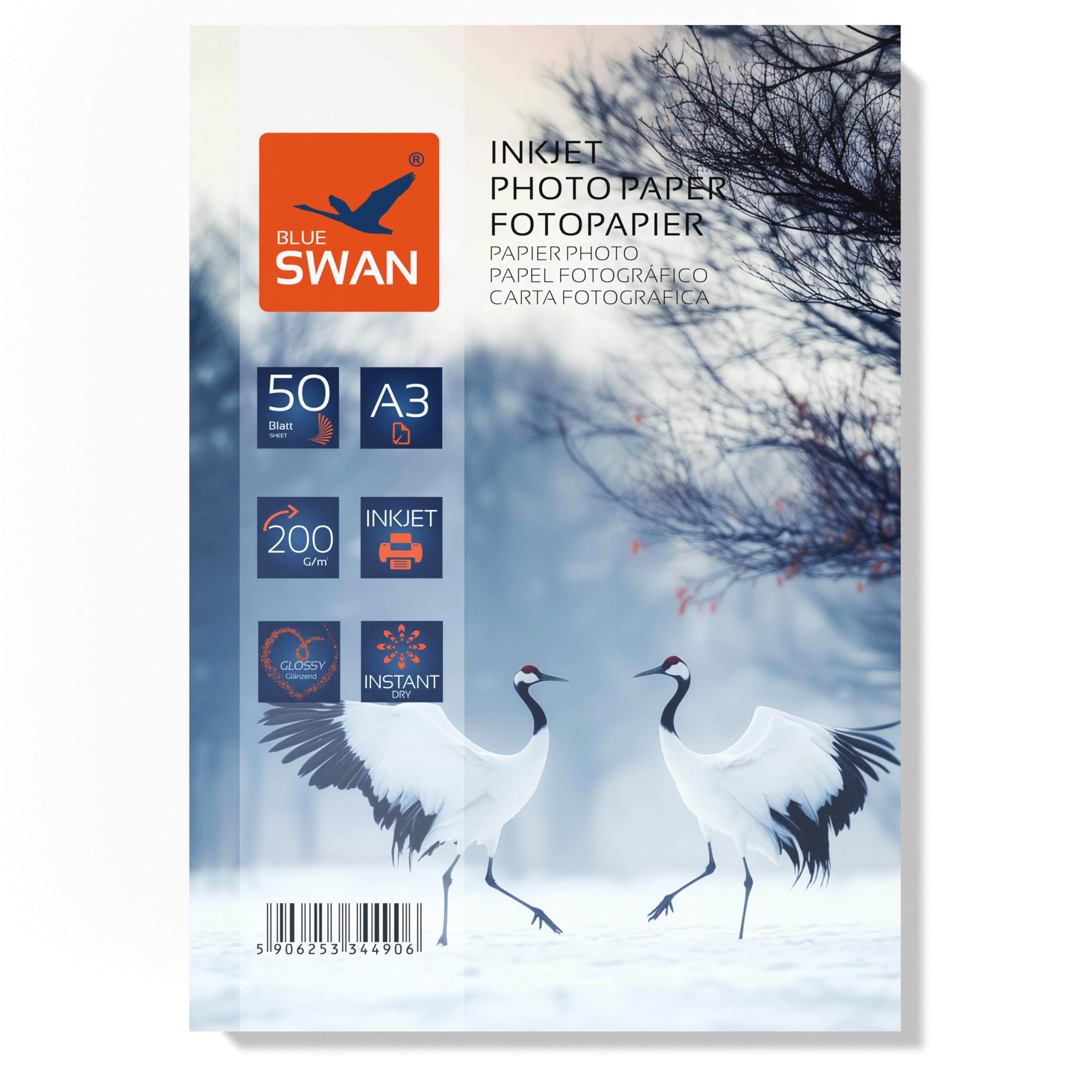 BLUE SWAN A3 Glossy Photo Paper, 200gsm, 50 Sheets – One-Sided Gloss Finish, Vivid Colours, Quick Drying, Water-Resistant – Compatible with All Inkjet Printers