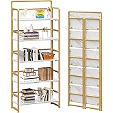 4NM No Assembly 5 Tiers Folding Bookshelf Storage Shelves Vintage Bookcase Standing Racks Study Organizer Home Office (White Gold)